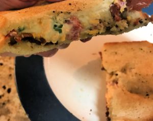 Grilled creamy pimento cheese and bacon sandwich
