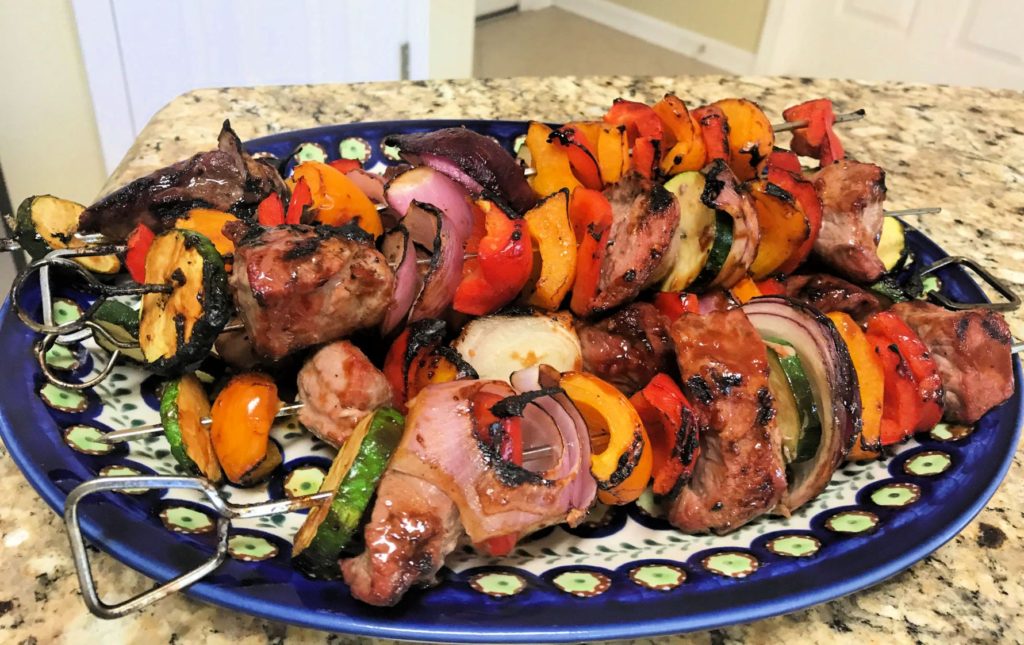 Marinaded steak and vegetables on a skewer